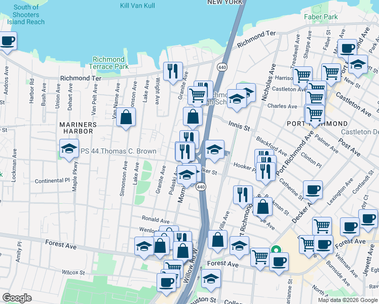 map of restaurants, bars, coffee shops, grocery stores, and more near 236 Morningstar Road in Staten Island