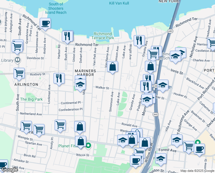 map of restaurants, bars, coffee shops, grocery stores, and more near 190 Simonson Avenue in Staten Island