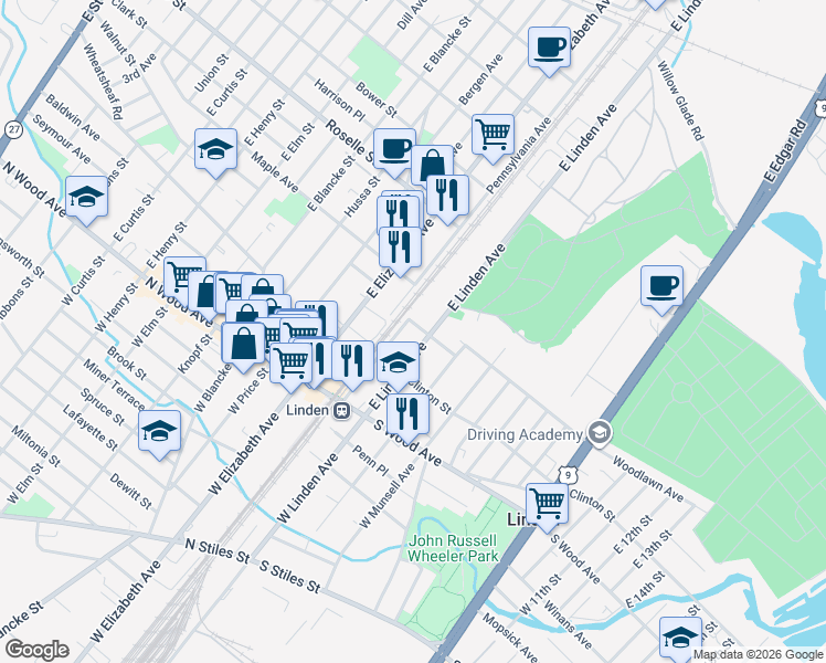 map of restaurants, bars, coffee shops, grocery stores, and more near 228 Pennsylvania Railroad Avenue in Linden