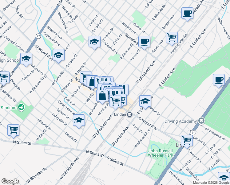 map of restaurants, bars, coffee shops, grocery stores, and more near 55 East Price Street in Linden