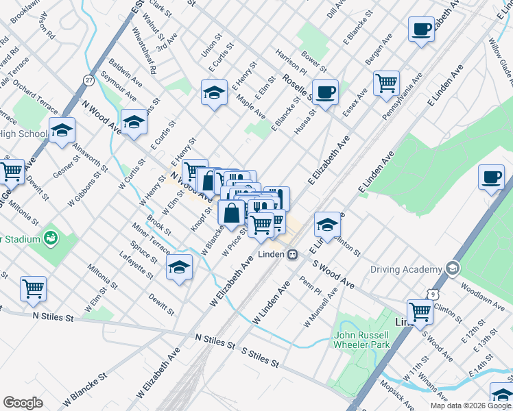 map of restaurants, bars, coffee shops, grocery stores, and more near 55 East Price Street in Linden