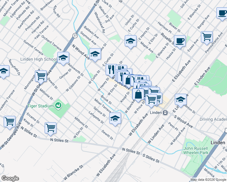 map of restaurants, bars, coffee shops, grocery stores, and more near 432 Helen Street in Linden
