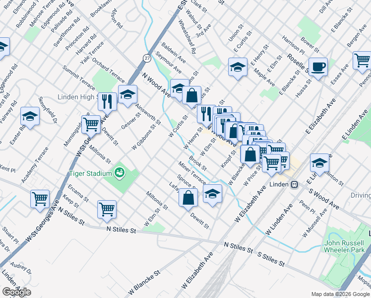 map of restaurants, bars, coffee shops, grocery stores, and more near 600 Brook Street in Linden