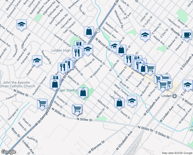 map of restaurants, bars, coffee shops, grocery stores, and more near 714 Summit Street in Linden