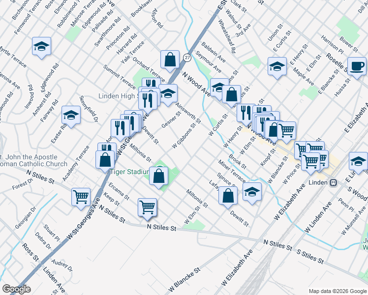 map of restaurants, bars, coffee shops, grocery stores, and more near 714 Summit Street in Linden