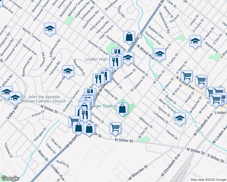 map of restaurants, bars, coffee shops, grocery stores, and more near 338 Gesner Street in Linden