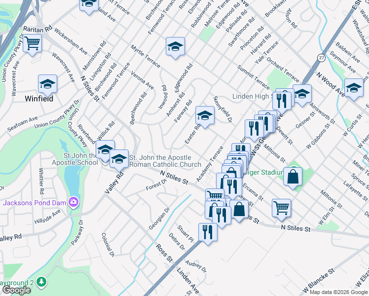 map of restaurants, bars, coffee shops, grocery stores, and more near 701 Exeter Road in Linden