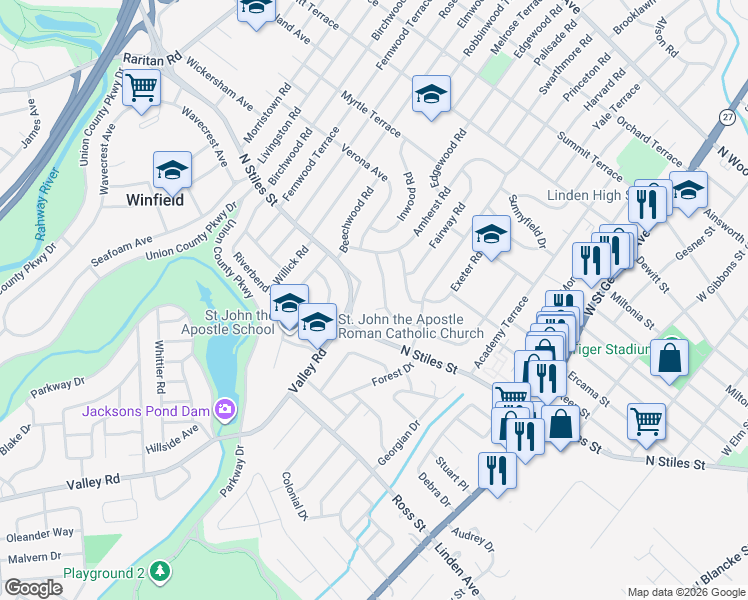 map of restaurants, bars, coffee shops, grocery stores, and more near 1601 Lenape Road in Linden