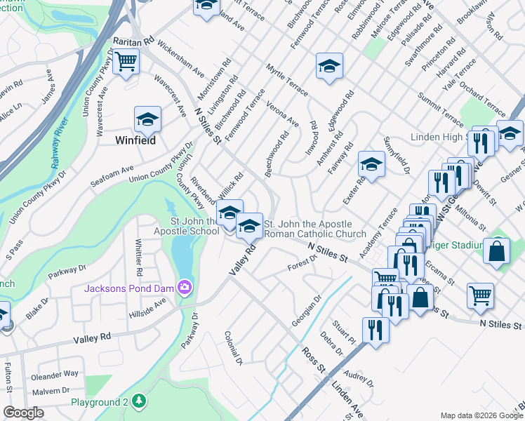 map of restaurants, bars, coffee shops, grocery stores, and more near 1827 North Stiles Street in Linden