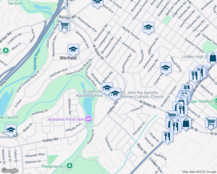 map of restaurants, bars, coffee shops, grocery stores, and more near 1207-3 Stockton Circle in Linden