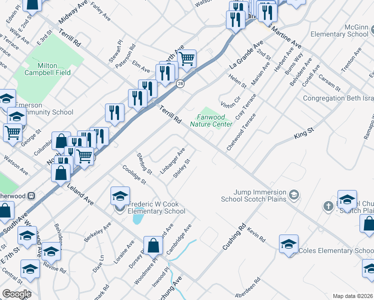 map of restaurants, bars, coffee shops, grocery stores, and more near 1471-75 Shirley Street in Plainfield