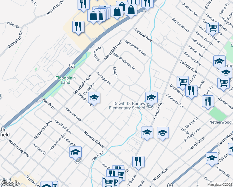 map of restaurants, bars, coffee shops, grocery stores, and more near 131 Farragut Road in North Plainfield
