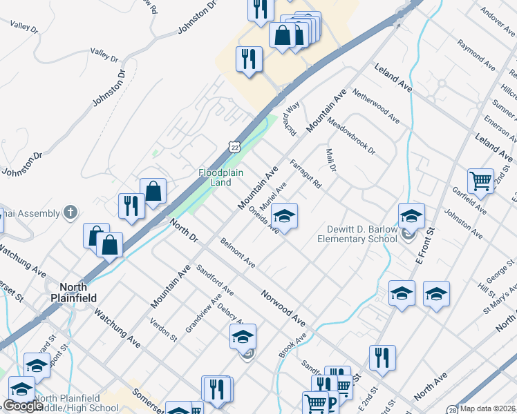 map of restaurants, bars, coffee shops, grocery stores, and more near 250 Muriel Avenue in North Plainfield