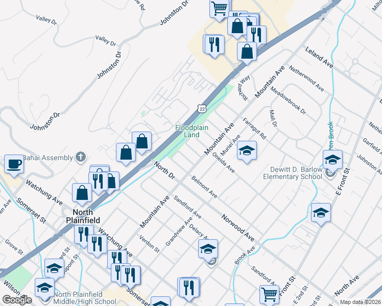 map of restaurants, bars, coffee shops, grocery stores, and more near 270 Leonard Place in North Plainfield