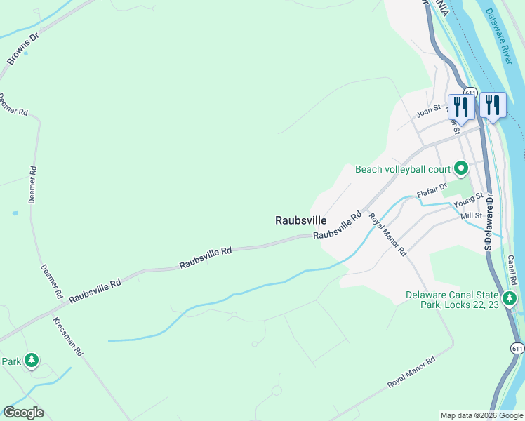 map of restaurants, bars, coffee shops, grocery stores, and more near 290 Raubsville Road in Northampton County