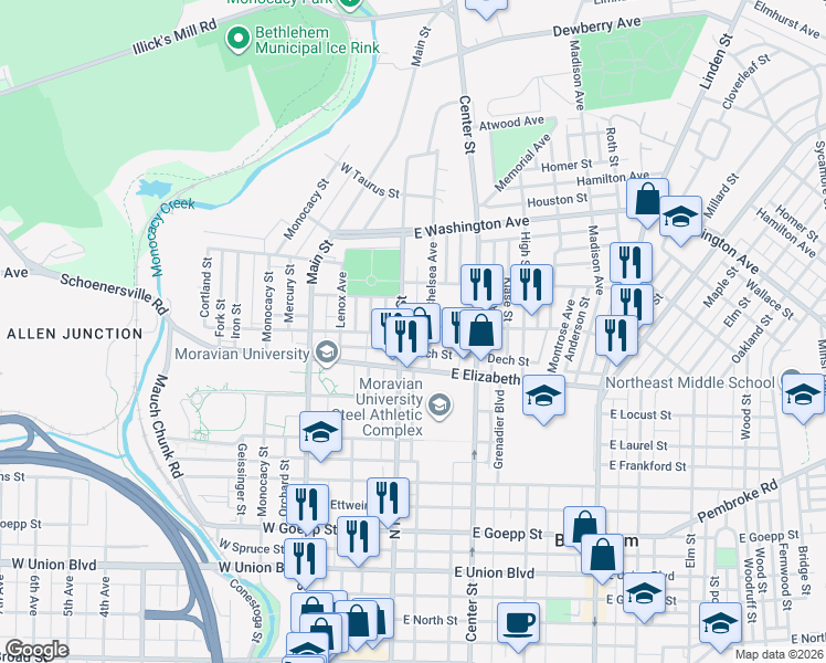 map of restaurants, bars, coffee shops, grocery stores, and more near 1340 North New Street in Bethlehem