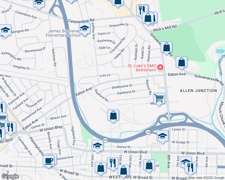 map of restaurants, bars, coffee shops, grocery stores, and more near 1511 Shelbourne Drive in Bethlehem