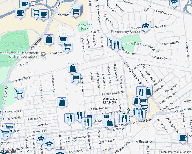 map of restaurants, bars, coffee shops, grocery stores, and more near 1303 Troxell Street in Allentown