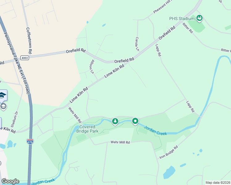 map of restaurants, bars, coffee shops, grocery stores, and more near 4056 Lime Kiln Road in Allentown
