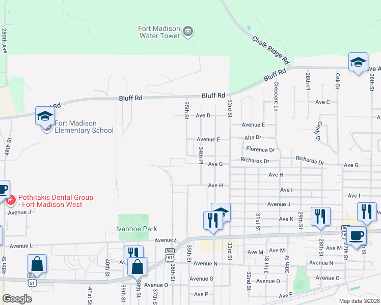 map of restaurants, bars, coffee shops, grocery stores, and more near 628 35th Street in Fort Madison
