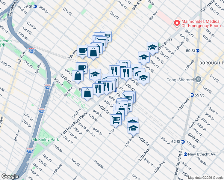 map of restaurants, bars, coffee shops, grocery stores, and more near Fort Hamilton Pkwy & 62nd St in Brooklyn