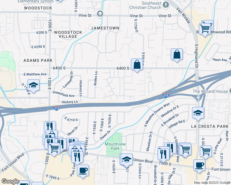 map of restaurants, bars, coffee shops, grocery stores, and more near 6576 South 1615 East in Salt Lake City