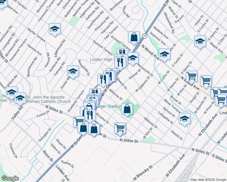 map of restaurants, bars, coffee shops, grocery stores, and more near 338 Gesner Street in Linden