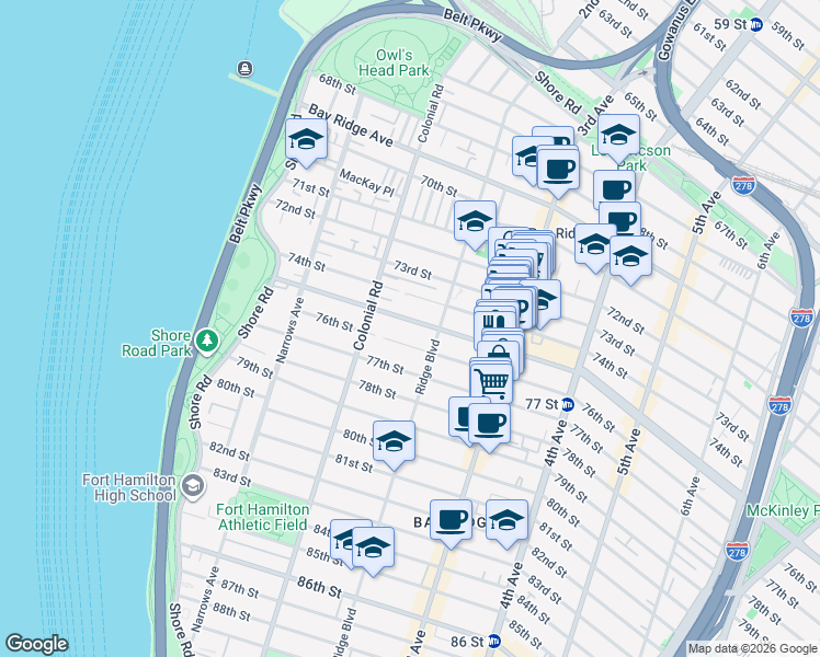 map of restaurants, bars, coffee shops, grocery stores, and more near 7502 Ridge Boulevard in Brooklyn