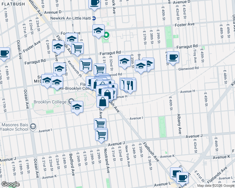 map of restaurants, bars, coffee shops, grocery stores, and more near 3215 Avenue H in Brooklyn