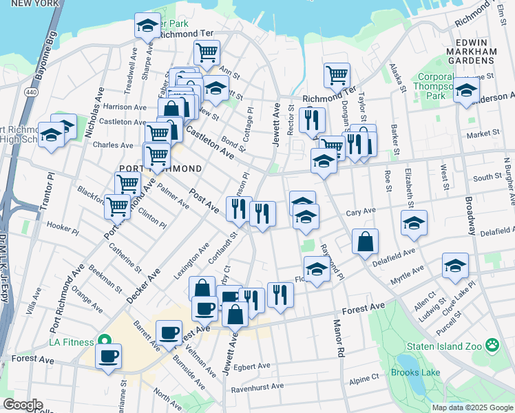 map of restaurants, bars, coffee shops, grocery stores, and more near 197 Jewett Avenue in Staten Island