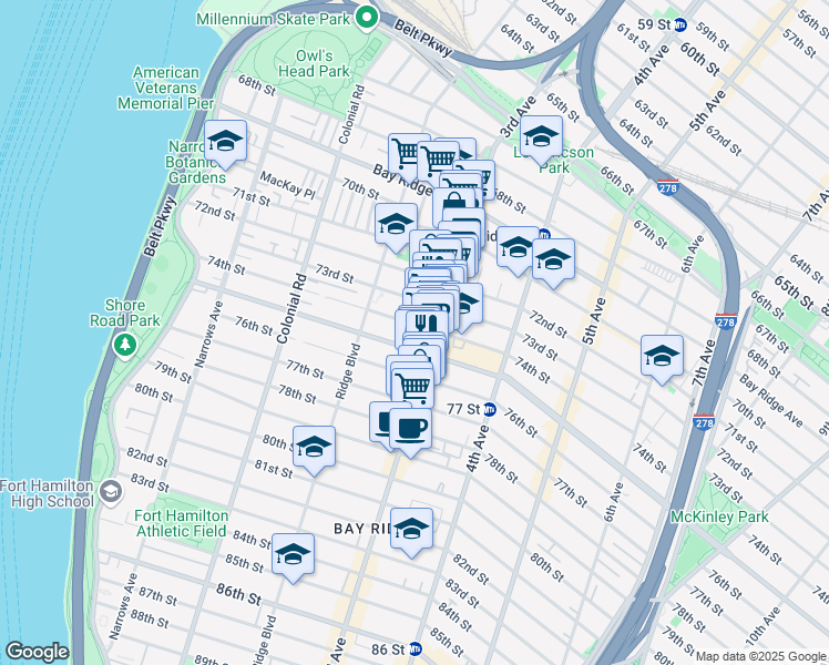 map of restaurants, bars, coffee shops, grocery stores, and more near 252 74th Street in Brooklyn