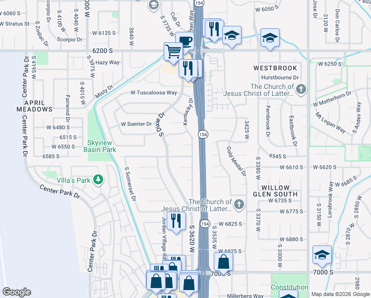 map of restaurants, bars, coffee shops, grocery stores, and more near 3645 Kentucky Circle in West Jordan