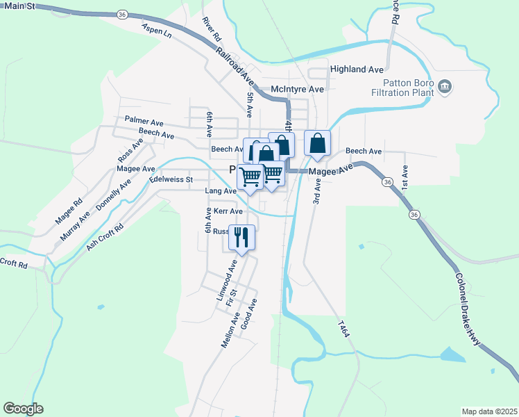 map of restaurants, bars, coffee shops, grocery stores, and more near 400 Moose Avenue in Patton