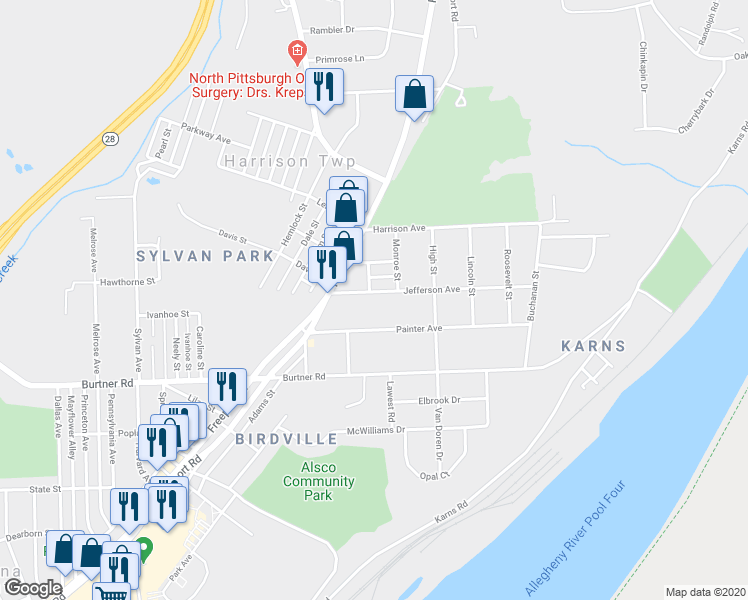 map of restaurants, bars, coffee shops, grocery stores, and more near 811 Jefferson Avenue in Natrona Heights