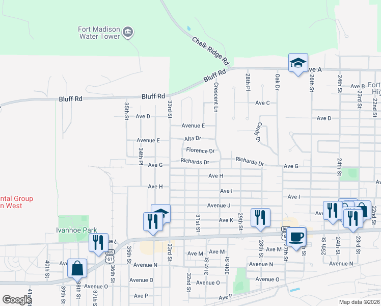 map of restaurants, bars, coffee shops, grocery stores, and more near 9 Sunset Lane in Fort Madison