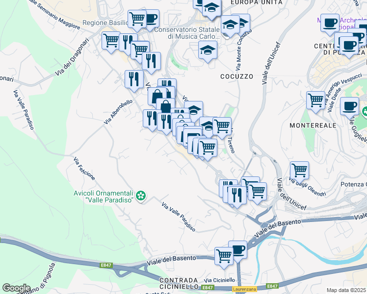map of restaurants, bars, coffee shops, grocery stores, and more near 89-93 Via del Gallitello in Potenza