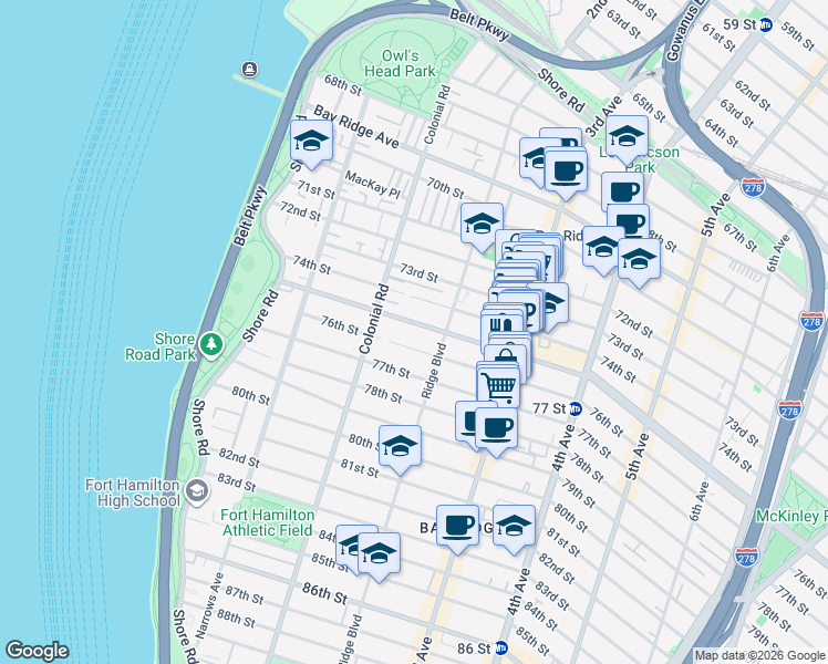 map of restaurants, bars, coffee shops, grocery stores, and more near 168 Bay Ridge Parkway in Brooklyn