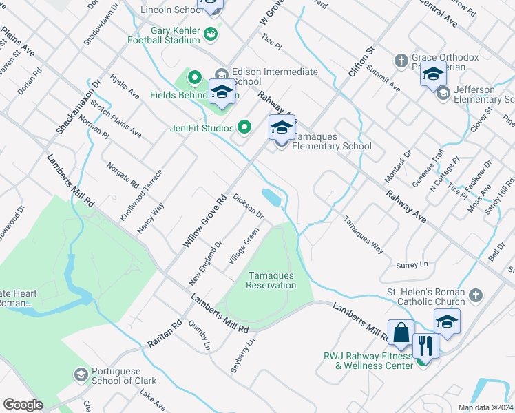 map of restaurants, bars, coffee shops, grocery stores, and more near 105 Dickson Drive in Westfield