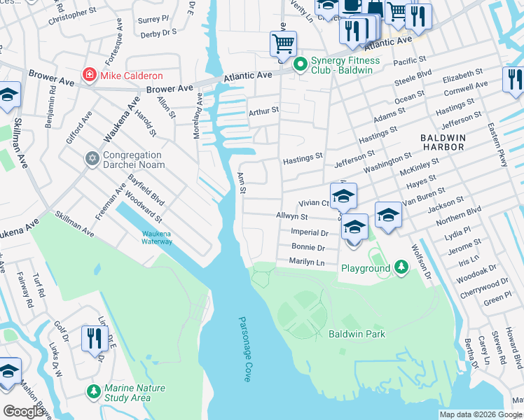 map of restaurants, bars, coffee shops, grocery stores, and more near 695 Allwyn Street in Baldwin