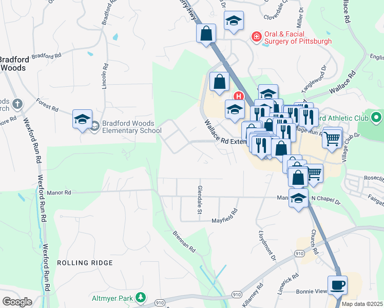 map of restaurants, bars, coffee shops, grocery stores, and more near 3000 Conifer Court in Wexford