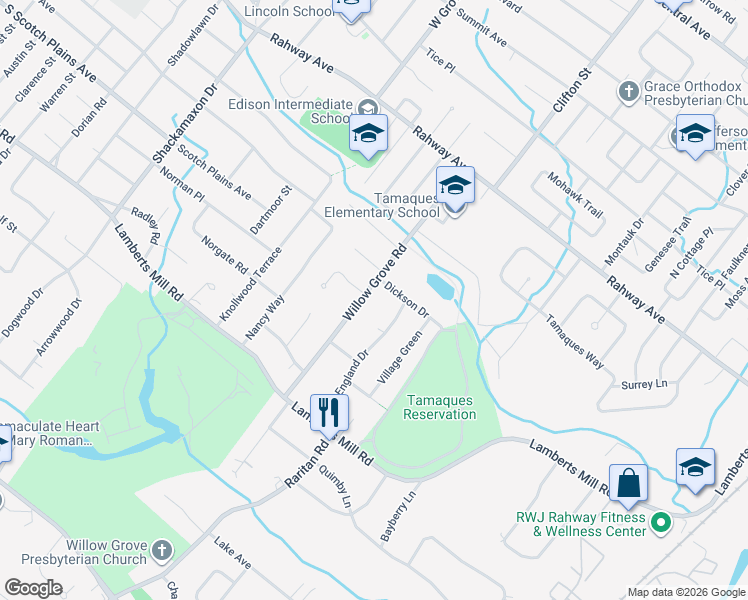 map of restaurants, bars, coffee shops, grocery stores, and more near 817 Willow Grove Road in Westfield
