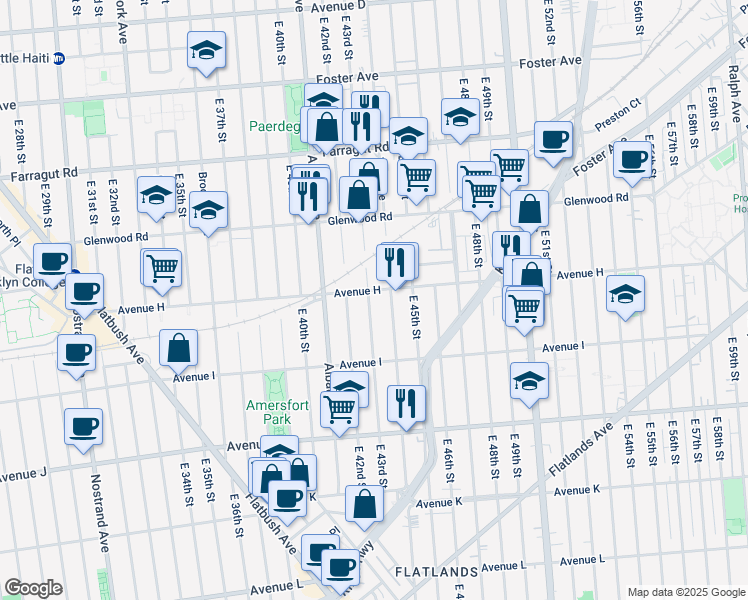 map of restaurants, bars, coffee shops, grocery stores, and more near 937 East 43rd Street in Brooklyn