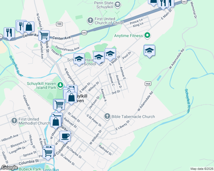map of restaurants, bars, coffee shops, grocery stores, and more near 102 Ave B in Schuylkill Haven