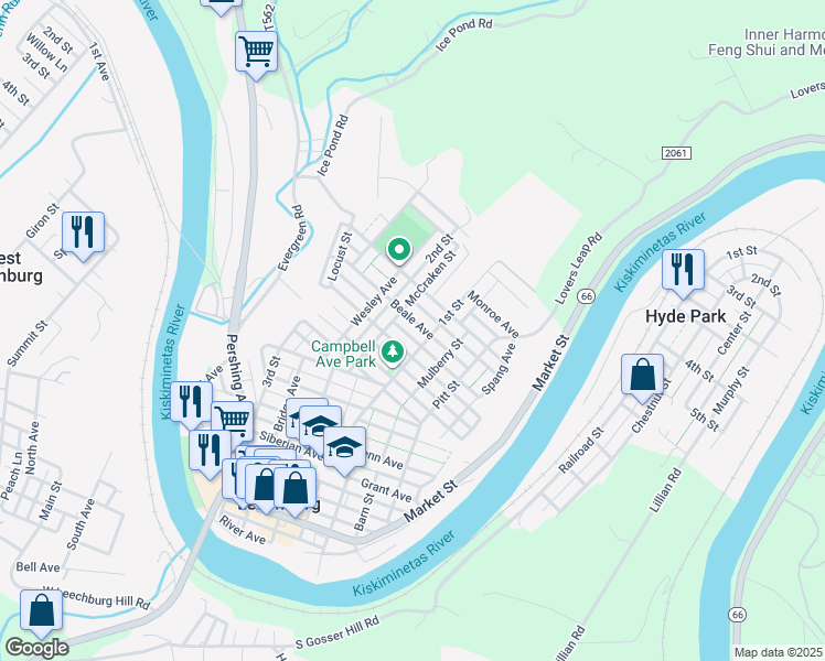 map of restaurants, bars, coffee shops, grocery stores, and more near 262 Beale Avenue in Leechburg
