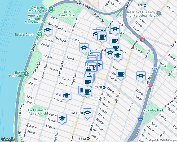 map of restaurants, bars, coffee shops, grocery stores, and more near 254 74th Street in Brooklyn