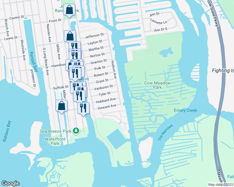 map of restaurants, bars, coffee shops, grocery stores, and more near 240 Hudson Avenue in Freeport