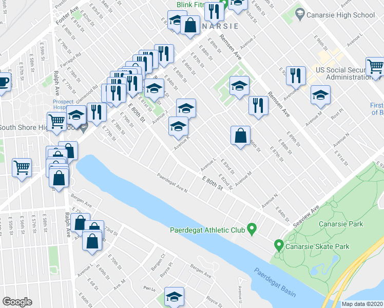 map of restaurants, bars, coffee shops, grocery stores, and more near 1139 East 81st Street in Brooklyn