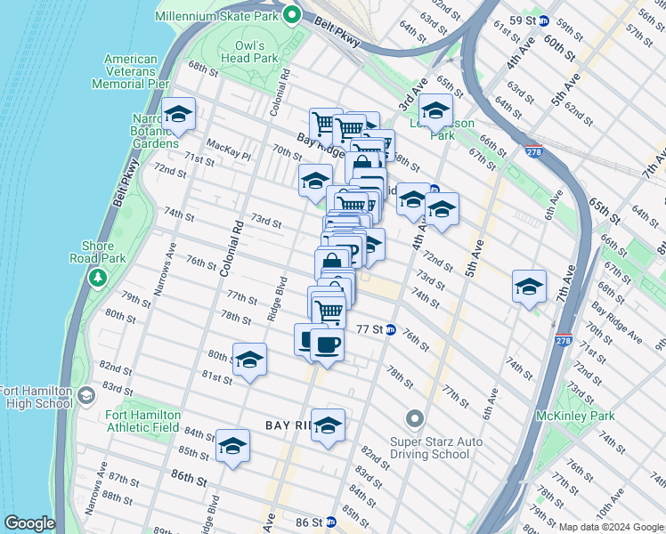 map of restaurants, bars, coffee shops, grocery stores, and more near 256 74th Street in Brooklyn