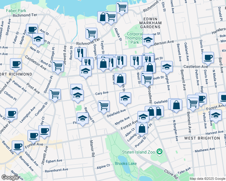 map of restaurants, bars, coffee shops, grocery stores, and more near 625 Cary Avenue in Staten Island