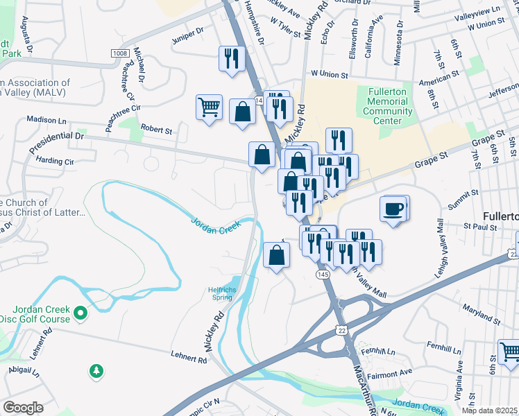 map of restaurants, bars, coffee shops, grocery stores, and more near 795 Mickley Avenue in Fullerton